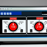 **

A user-friendly HMI display for a factory machine operator in the Middle East. The interface features clear, universally understood icons for temperature (thermometer symbol), power level (battery symbol), and emergency stop (red octagon). Arabic text labels are concise and prominent. The overall layout is simple and intuitive, prioritizing ease of use for individuals with practical experience but potentially limited computer knowledge. The color scheme uses a high-contrast combination suitable for readability, potentially incorporating shades of blue and green, with a clear visual hierarchy to guide the user's eye.

**