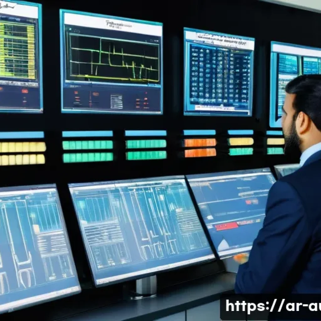 PLC 프로그래밍 실무 - A modern industrial control room in an Arabic-speaking factory, featuring a detailed PLC (Programmab...