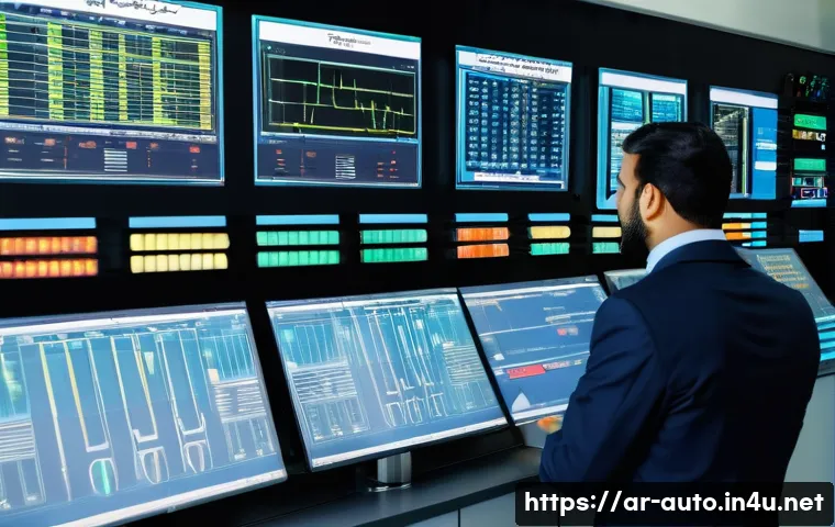 PLC 프로그래밍 실무 - A modern industrial control room in an Arabic-speaking factory, featuring a detailed PLC (Programmab...