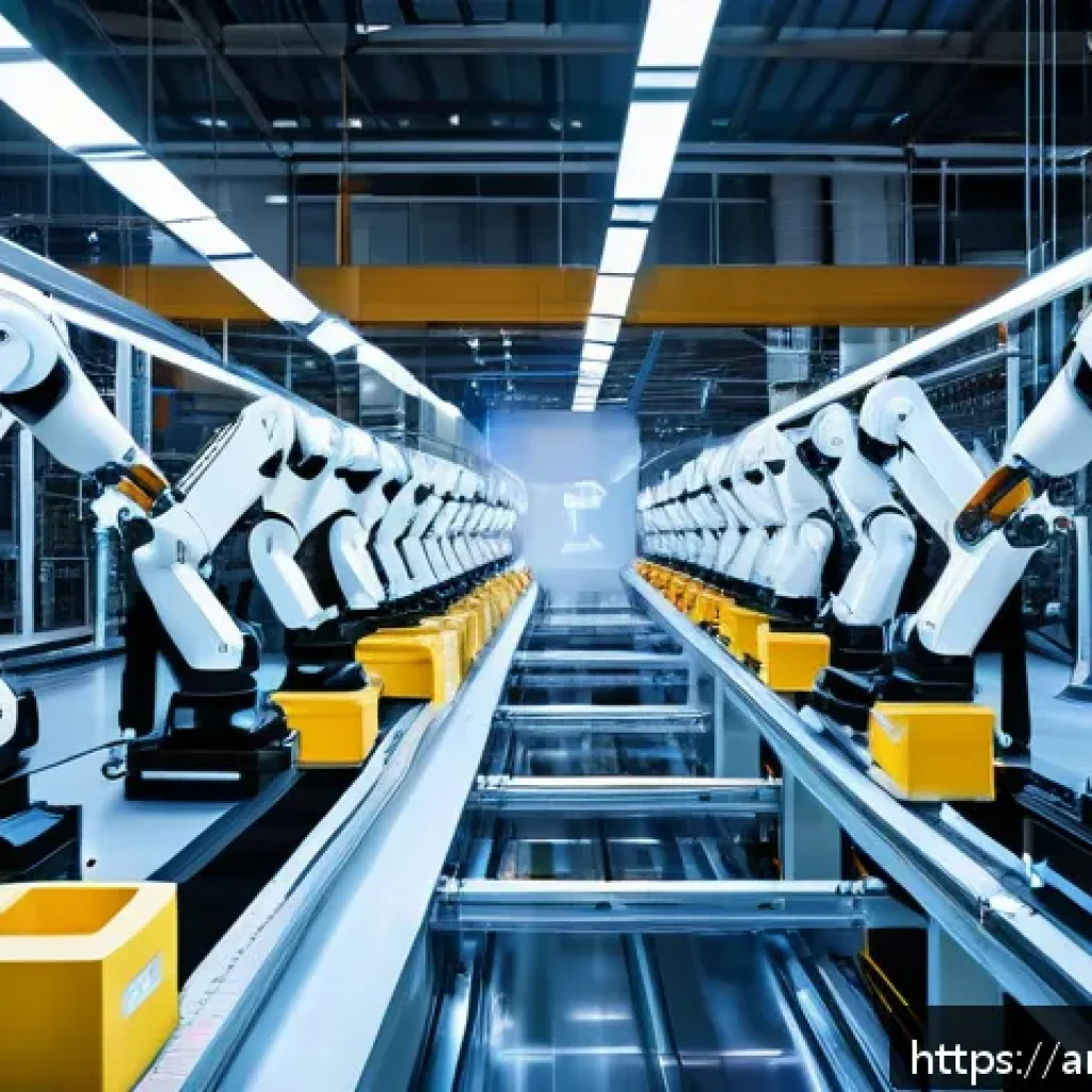 공장자동화와 AI 기술 접목 - A high-tech smart factory interior showing advanced robotic arms and human workers collaborating sea...
