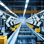 공장자동화와 AI 기술 접목 - A high-tech smart factory interior showing advanced robotic arms and human workers collaborating sea...