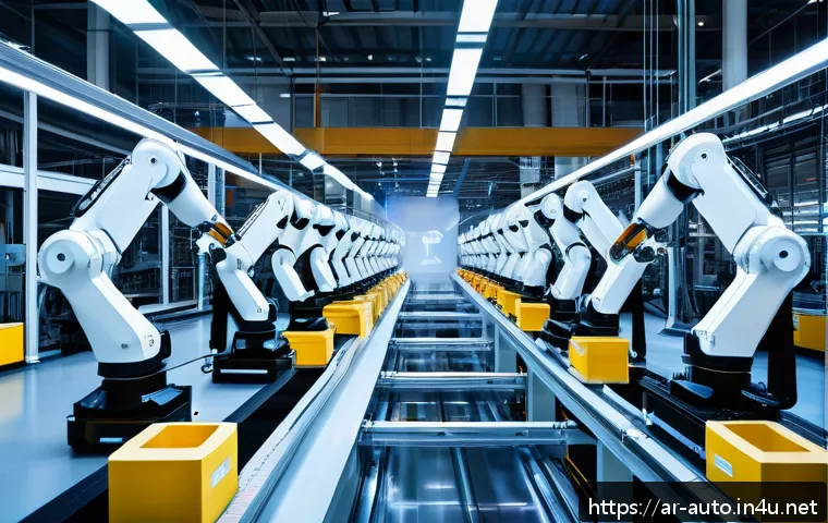 공장자동화와 AI 기술 접목 - A high-tech smart factory interior showing advanced robotic arms and human workers collaborating sea...