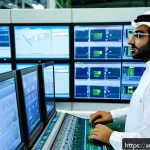 공장자동화 관련 자격증 추천 - A modern industrial automation control room in a Middle Eastern factory setting, featuring a skilled...