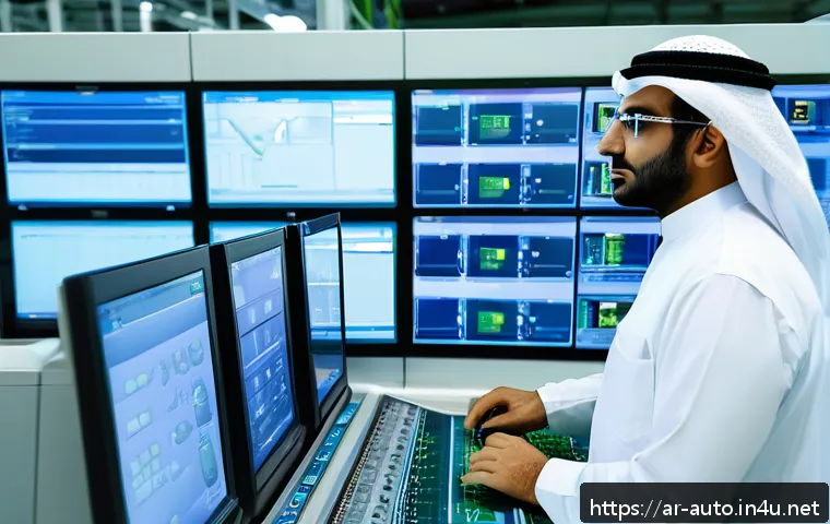 공장자동화 관련 자격증 추천 - A modern industrial automation control room in a Middle Eastern factory setting, featuring a skilled...