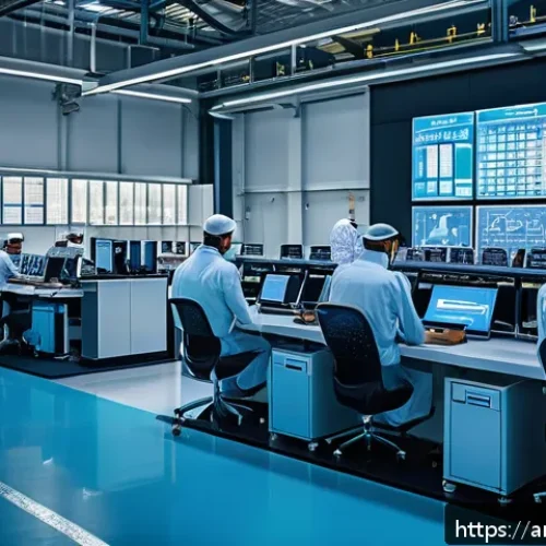 IoT 기반 공장자동화 실무 - A modern industrial factory interior in the Middle East setting, showing a diverse team of Arabic en...