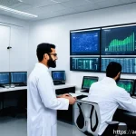 공장자동화 프로젝트의 리스크 관리 - A high-tech industrial automation control room in a Middle Eastern factory, featuring diverse engine...