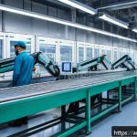 스마트 팩토리 성공 사례 - A modern factory floor in the Middle East with Arabic signage, showcasing advanced automation and AI...
